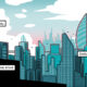 A story in comic format. In this first panel, two figures in silhouette look out at a modern city skyline.  The text reads, "The future is here already. AI art has arrived. Simply write a prompt..."