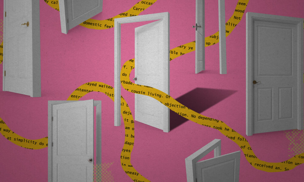 open and closed doors with a ribbon of text running around and through them